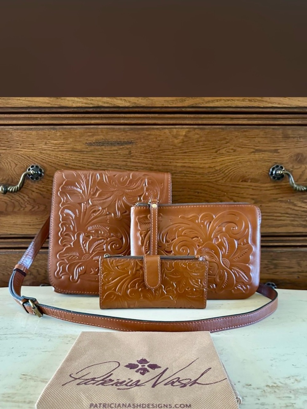 Patricia Nash Cognac Tooled Leather Crossbody Trio